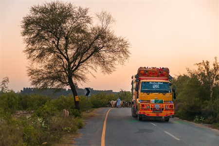 A traditional Pakistani Truck on the road of a village