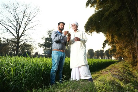 Farmer showing crop to a man in formal clothes
