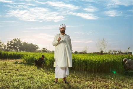 Man in traditional clothes giving thumbs up in front of fields with farmers working in background