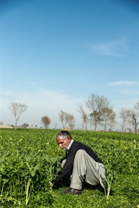Man in traditional clothes sitting in the fields