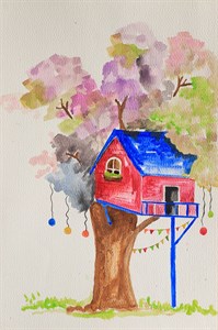 colorful watercolor painting of tree house