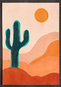 Minimalistic painting of a cactus in desert