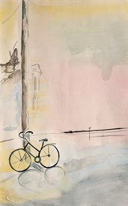 abstract painting of a bicycle in rain with a pole
