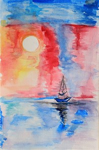 Bright watercolor painting of sunset and boat in sea
