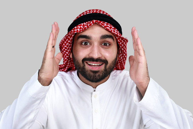 Arab middle eastern Saudi man in traditional formal thobe and Shimagh, on white isolated background, with different expressions, hand gestures and poses, studio lighting ready for cutout and editing