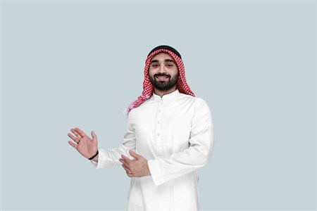 side view of arabian man pointing up, isolated on white