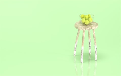 Green apple bowl on the old table object 3d rendering image with green background
