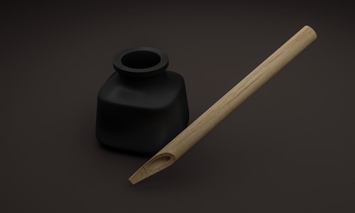 3d inkpot and reed pen